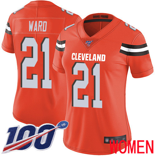 Cleveland Browns Denzel Ward Women Orange Limited Jersey #21 NFL Football Alternate 100th Season Vapor Untouchable